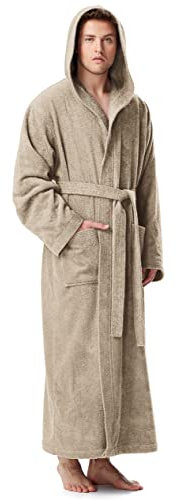 Arus Peignoir de Bain homme, à capuche, extra-Long, en éponge, doux et léger,100% Coton, beige, taille homme: L Long, taille unisexe: L-XL Long
