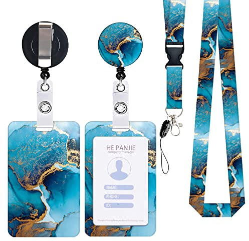 Zemolo Porte Badge de Carte d'Identification avec Cordon Tour de Cou, Porte-cartes Swivel Lobster Clasp avec Lanières Rétractables pour Cartes d'étudiant d'infirmière Clés Caméra Marbre Bleu