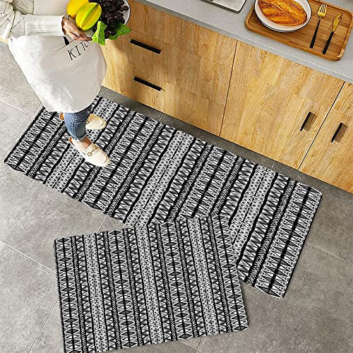 Küchenteppich Teppich Läufer Küchenläufer 2 Stück rutschfest,Retro, Ethno Boho Aztekenmuster in Schwarz und Weiß mit Western Native Effects Folk Design, Waschbar für Flur Küche 40 x 100 cm+40 x 60 cm