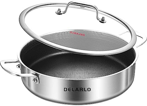 DELARLO Tri-Ply Stainless Steel Saute Pan 3 QT Deep Frying Pan Honeycomb Sauté Pan, Induction Compatible Chef Cooking Pan with lid, Dishwasher & Oven Safe, Silver