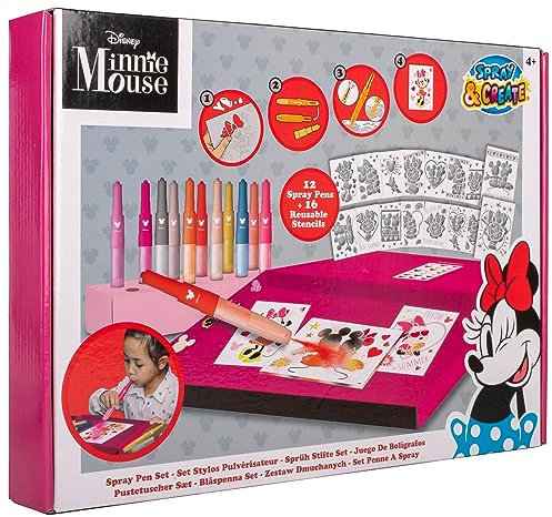 Disney - Minnie Mouse - Juego de bolígrafos con pulverizador Deluxe - Lápices para colorear para niños - Juego de lápices de colores y páginas para colorear - MM22368
