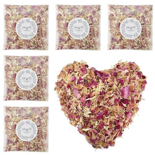 5 Packungen Natürliches Hochzeitskonfetti, Rosenblüten Getrocknet Deko, Biologisch Abbaubare Blüten Konfetti, Blütenkonfetti Hochzeit Streublumen, Gemischte Rose, Chrysantheme, Lavendel