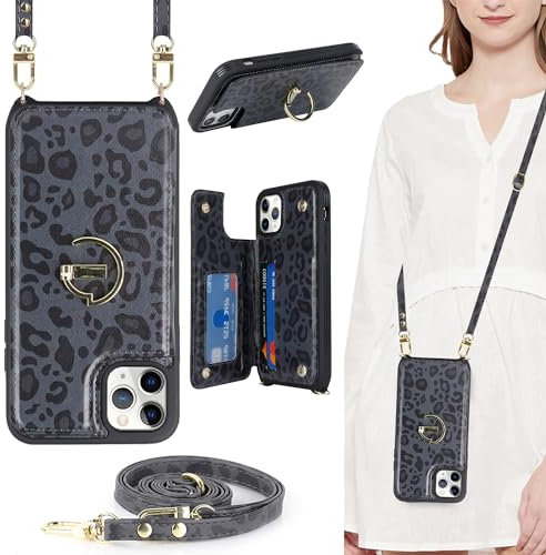 ELTEKER for iPhone 12/12 Pro Phone Case with Card Holder and Strap,PU Leather Wallet Case Flip Cover with Crossbody Lanyard Strap for iPhone 12/12 Pro (6.1 Inch) - Black Leopord