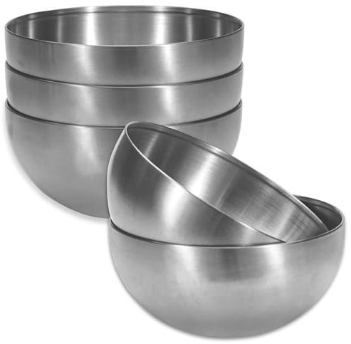 Huakaile 5 Pack 25 Oz Stainless Steel Bowl Set, Heat Insulated Metal Soup Bowls, Matte Finish Cereal Bowls for Rice Salad Noodle Snack Cooking Kitchen Ice Cream Serving Mixing Prep (Silver)