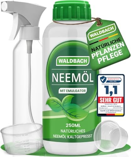 WALDBACH® Neemöl mit Emulgator [250ml] - Natürliches Neemöl für Pflanzen mit Sprühflasche und Messbecher - 25 Liter sprühfertige Mischung - Effektive Pflanzenpflege für Garten- & Zimmerpflanzen