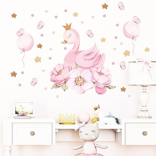 Wandtattoo Blumen Cartoon-Wandaufkleber mit rosa Schwan und Ballon Abnehmbarer DIY wandaufkleber Wohnzimmer Schlafzimmer Küche Deko
