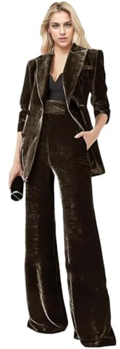 Botong 2-teiliger Samtanzug für Damen, Büro-Arbeitsanzug, Revers, zweireihig, Blazer, Hose, Business-Anzug-Set, Braun, Klein