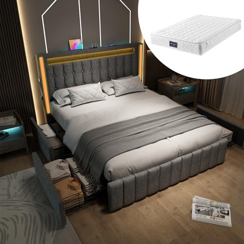 Polsterbett 160x200, LED Doppelbett mit USB Typ C Ladefunktion und 4 Schubladen, Bett Jugendbett Stauraumbett Funktionsbett Rückenlehne Bettgestell mit Holz Lattenrost, Leinen, Grau, Mit Matratze