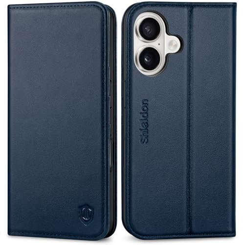SHIELDON Flip Case for iPhone 16 5G 6.1, Genuine Leather Wallet Case with Card Holder [Kickstand][RFID Blocking][Shockproof TPU Shell] Protective Folio Cover Compatible with iPhone 16 - Navy Blue