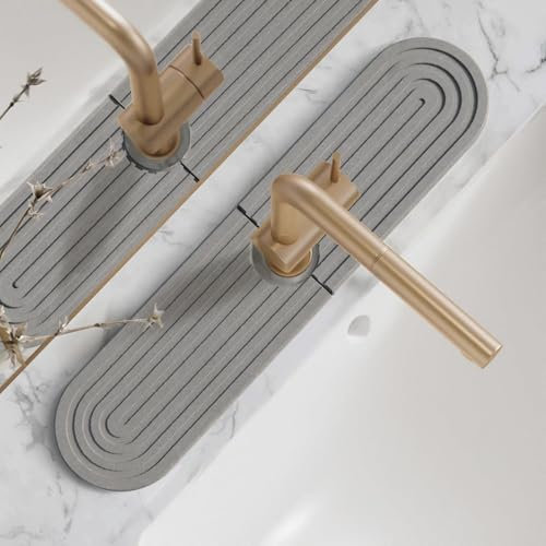 LeKuni Tapis pour Robinet De Cuisine 45x10cm- Tapis Evier Cuisine Anti-éclaboussures en Diatomite, Tapis D'évier Porte Eponge Plateau en Pierre Absorbant l'eau Et Séchant Rapidement -Gris