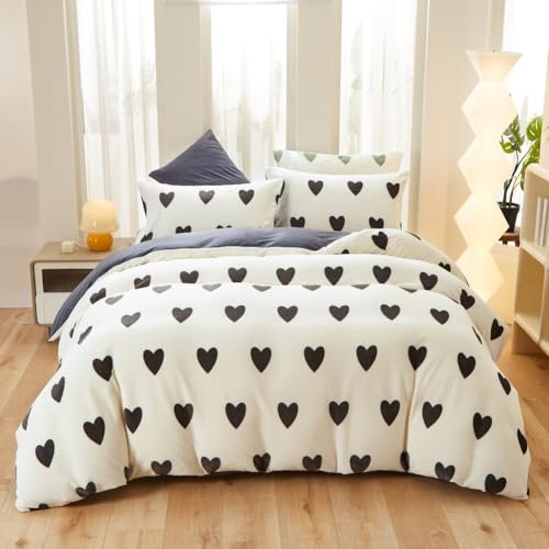 Covebett Bettwäsche 135x200 Herzen Schwarz Weiß Flanell Winter Warme Cashmere Touch Biber Winterbettwäsche 4teilig, 2 Flauschig Fleece Bettbezug mit Reißverschluss und 2 Kissenbezug 80x80