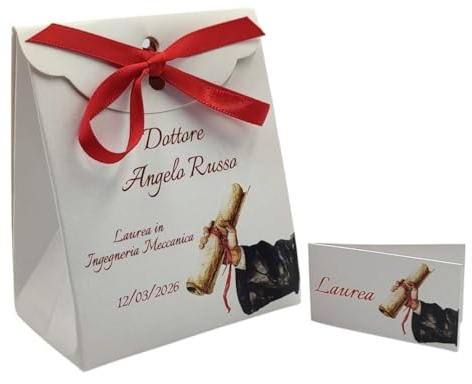 PV Grafik® 24+24 Bomboniere Laurea Uomo Personalizzate con Mano e Diploma, Nome e Data – Sacchetti Porta Confetti + Bigliettini con Nastro Rosso – Made in Italy (Nica 7L)