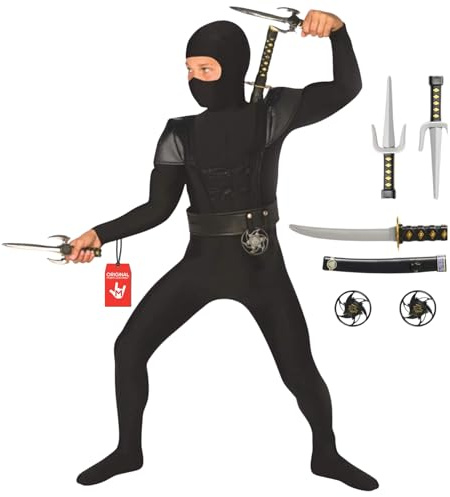 Morph Ninja Kostüm Kinder, Schwarzes Halloween Kostüm Kinder | Anzug, Weste, Schwert & Wurfsterne, Schwarzes Ninja-Design, Perfekt für Halloween, Ideal für Rollenspiele