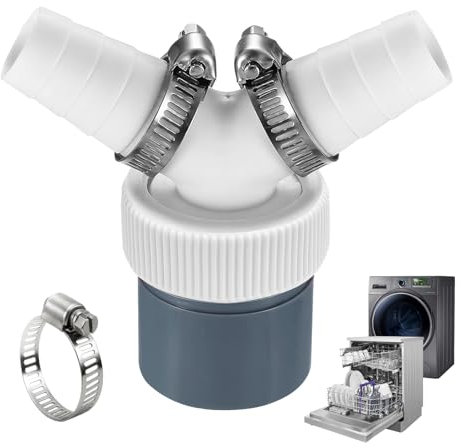 Abfluss Waschmaschine Doppelanschluss, Waschmaschine Abfluss Adapter Y-Adapter für Geschirrspüler, Trockner, Waschmaschine, Gartenschläuchen, 18-24 mm und Abgang 40mm Rohr mit Schlauchschelle