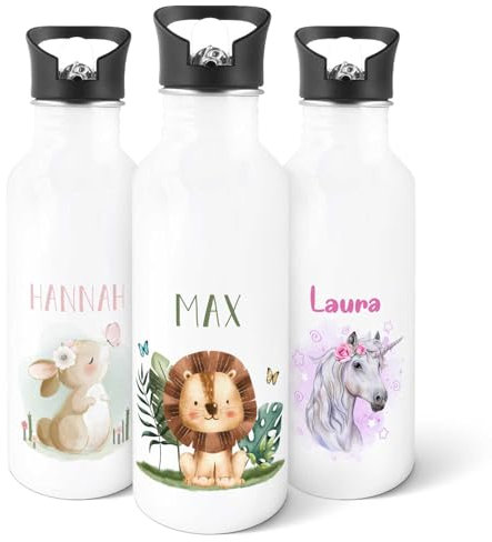 GRAVURZEILE - Gourde imprimée en acier inoxydable - Groupe d'animaux Safari - Personnalisable avec nom - 600 ml - Anti-fuite avec bec rabattable et paille intégrée