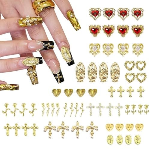 Cosmeria Nail Charms Set Gold, 64 Pieces Exclusive Golden Designs Like Hearts, Cross, Rose, Virgin Mary, Durable 3D Chrome Nail Decorations