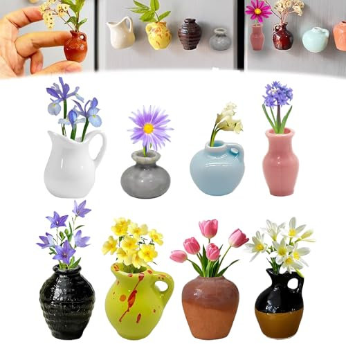 8 Stück Mini Vase Magnete, Niedliche Winzige Pflanzenvasen, 3D Keramik Blumenvase Kühlschrankmagnete für Küche, Kühlschrank, Büro und Schließfach Dekoration, Nachdenklich für Pflanzenliebhaber