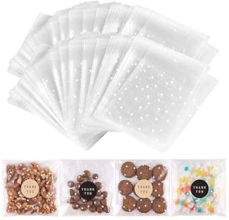 BTSD-home 100 Gepunktete Kekstüten Selbstklebend 14x14cm Für Selbst Basteln | Große Kekse, Brownies und Schokostücke, Klarsichttüten groß für Hochzeit, Bäckerei und Markt, 100 Aufkleber für Geschenkoptik