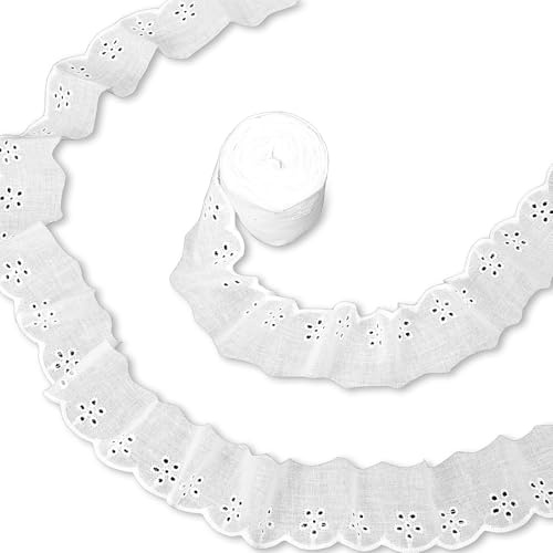 Spitzenborte aus weißer Baumwolle, Spitzenbordüre, Blumenband, gewellter Rand, Stickerei, Rüschenborte zum Nähen von Kleidern, Taschen, Puppen und Haustierkleidung (4,8 cm breit) (weiß), 13,7 m