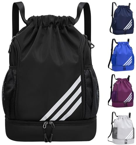 Veftsvy Turnbeutel mit Kordelzug, Wasserdicht Sportbeutel mit Schuhfach, Sportrucksack Gym Bag mit Innentasche, Außentasche, Sporttasche für Herren Damen Jungen (Schwarz, Einheitsgröße)