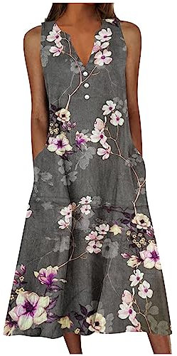 HAOLEI Femme Robe Longue Imprimé Floral Maxi Robe BohèMe avec Poches sans Manches Grande Taille éLéGante Et DéContractéE Robes D'éTé Col en V BoutonnéE Robes A-Line Casual Dress pour FêTe Mariage