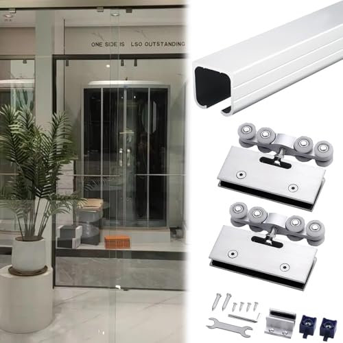 Kit Puerta Corredera Riel para Puerta Corrediza de Vidrio Sin Marco, Guía para Puerta Corrediza de Patio Comercial, Rieles para Puerta de Granero de Aluminio con Rodillos de Acero, Kit de Herrajes(Sil