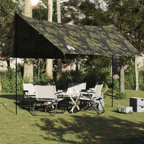 Tarp mit Tarnmuster aus 185T Polyester, Wasserdicht mit PU-Beschichtung, Multifunktional für Camping und Outdoor, Zeltplane für Regenschutz, Tarp Wasserdicht, Sonnensegel Camping, 438 x 376 x 212 cm