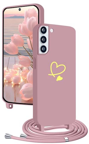 YANJIEER Coque Collier pour Samsung Galaxy S21+ Plus avec Cordon, Étui Housse Souple Silicone avec Motif Coeur, Lanyard Réglable pour Femme Fille, Fine Antichoc Bandoulière Lanière Case Rose