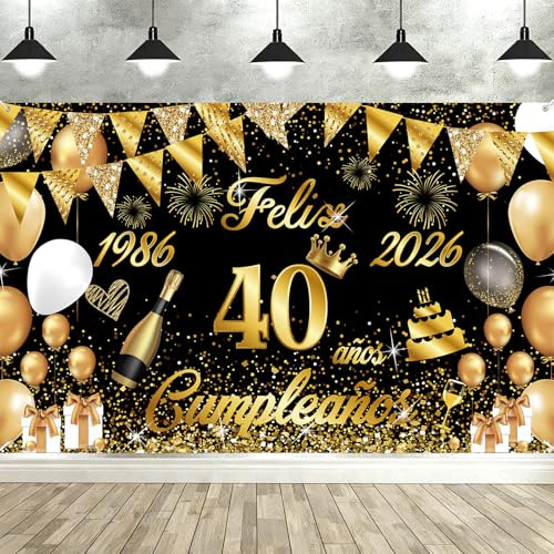 Pancarta Feliz Cumpleaños 40 Anos 1986-2026, Seutgjie Happy Birthday Decoracion para Mujer Hombre para Fiesta Cumpleaños 40 Oro Negro 180 x 110 cm