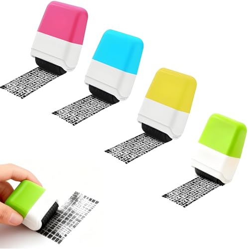 xutong Pack of 4 Data Protection Roll Stamps,Datenschutz-Rollstempel Set, 4 Farben, Addresses Blackening,Rosa Blau Gelb Grün, Identitätsschutz Abdeckroller