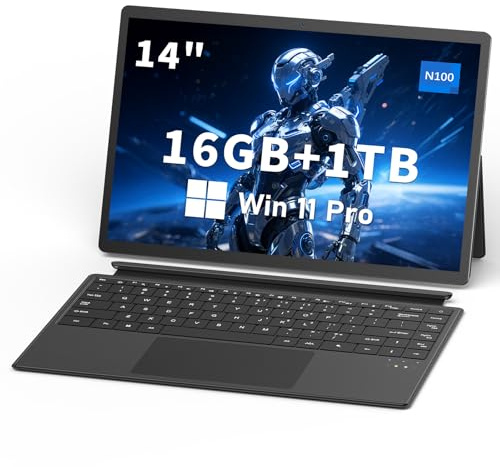 FUNYET Computer portatile 2 in 1, sistema Win 11 Pro 14 pollici Tablet, processore N100 Laptop, 16 GB di RAM + 1 TB di SSD Notebook, tastiera retroilluminata Laptop, touchscreen e porta Type C