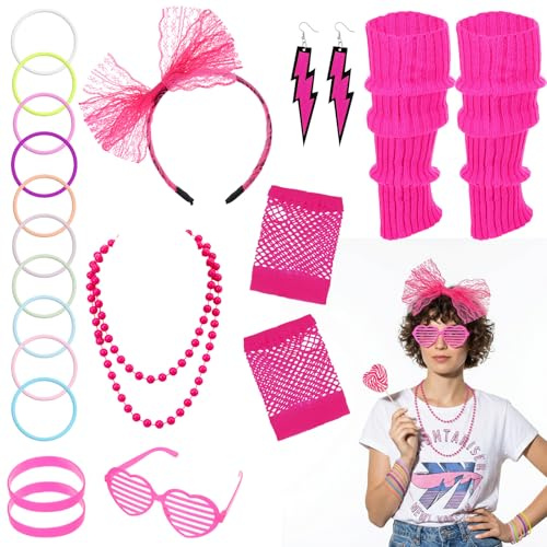 Wanmu 80s Fancy Dress Costume Accessories for Women, 90s Lace Headband Necklace Earrings Leg Warmers Fishnet Gloves Heart Glasses Bracelet for 80s Retro Party Outfit Halloween (Pink)