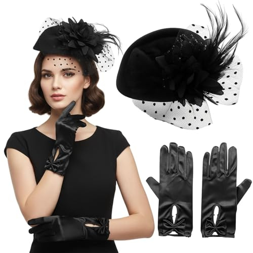PjuQow 2er Set 20er Jahre Hut Damen, Fascinator Damen,Vintage Accessoires, Schwarze Federhut und Handschuhe