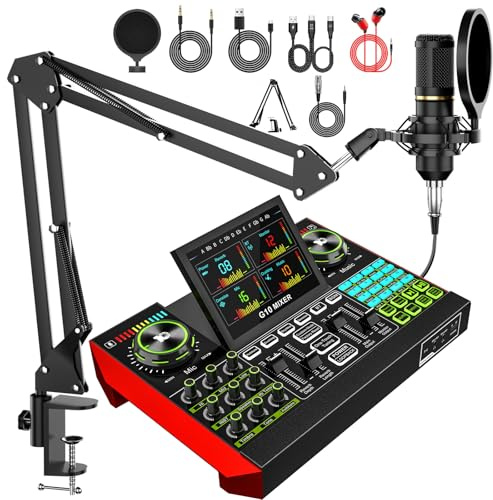 Podcast Equipment Bundle with 3.5mm Condenser Boom Mic for Pc/Phone Live Streaming Singing Gaming Music Recording, Live Sound Card Audio Mixer, Sound Board with Voice Changer, Denoise(BM800)