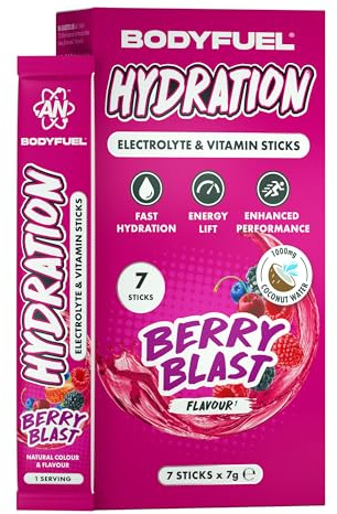 Applied Nutrition BodyFuel Hydration Electrolyte & Vitamin Sticks Zero Sugar Hydration Drink with Coconut Water Electrolytes Vitamins Energy & Performance Support (7 x 7g Sachets) (Berry Blast)