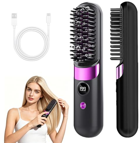 Stylingbürste für Kurze Haare, Haarbürste Elektrisch, Glättbürste Kabellos mit LED-Anzeige, 4 Temperaturstufen, Tragbar, für Glattes & Lockiges Haar – Ideal für Reisen und Alltag