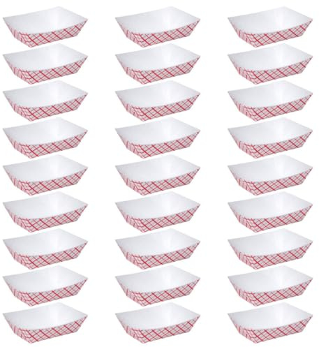 Mipcase Lot de 50 Barquettes Alimentaires en Papier Blanc 1/2lb à Motif Filet Rouge, Plateaux-repas Jetables Multifonctions pour Fêtes, Apéritifs et Service Restauration, Accessoires