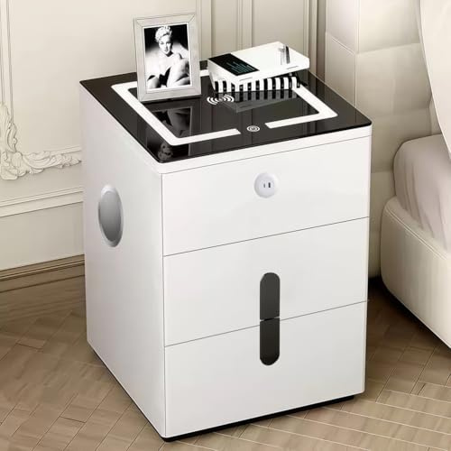Smart Nightstand with Wireless & USB Charging, LED 3-Colour Light, Bluetooth Speaker, 2 Drawers, Modern Bedside Table for Bedroom Adults, 40x40x60cm, White