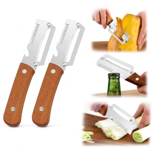 2PCS Multifunctional Vegetable Peeler Shredder, 3 in 1 Vegetable & Julienne Peeler/Bottle Opener, Stainless Steel Multi Functional Kitchen Gadget Tool with Wooden Handle for Potato, Apple, Fruit