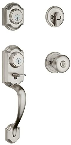 Kwikset Montara Front Door Lock Handle and Deadbolt Set, Entry Handleset Exterior with Interior Door Knob, Satin Nickel, Pick Resistant SmartKey Rekey Deadbolt Security