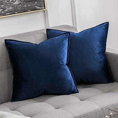 MIULEE 2er Set Samt Kissenbezug Flansch Kissenhülle Dekorative Sofakissen Dekokissen Umwickelte Kante Kissenbezüge Zierkissenbezug für Sofa Wohnzimmer Schlafzimmer 50x50 cm Dunkelblau