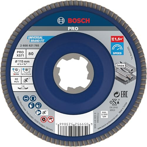 Bosch 1x PRO Metal X571 Fächerschleifscheibe, abgewinkelte Ausführung für X-Lock (für Stahl, Edelstahl, Ø 115 mm, Körnung 80, Professional Zubehör Kleiner Winkelschleifer)