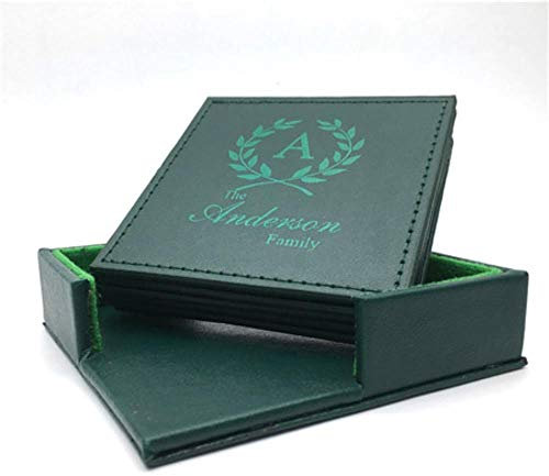 LIMMC sous-Verres en Cuir personnalisés, Ensemble de 6 Ronds/carrés, Gravure personnalisée, Green Sqare, Design 1