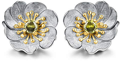 ✦ Geschenke für Frauen ✦Springlight Ohrringe Silber 925 Blühende Anemone Blume Ohrstecker Handmade: Ohrringe Schmuck Damen Jugendweihe Geschenke Mädchen.(Silver-Gold-Green)