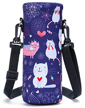 Amary Bolsa de neopreno para botella de agua con correa ajustable para el hombro, cubierta aislante para botellas de agua de acero inoxidable/cristal/plástico, 500ml, Gato