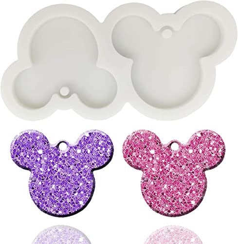 Cute Flat Shiny Mouse Head Keychain Silicone Mold with Hole for DIY Fondant Mold Crystal Gum Paste Jelly Shots Cupcake Cake Topper Decoration Pudding Ice Cream Candy Desserts Luggage Tag