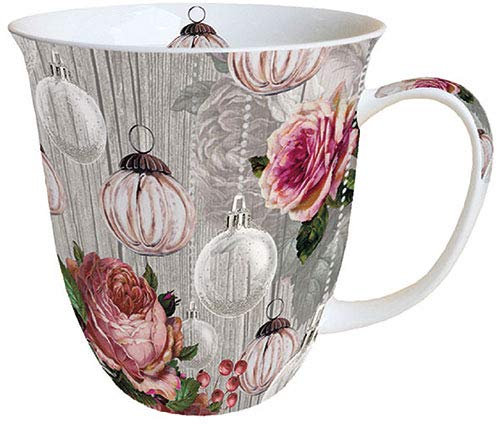 Ambiente Porzellan Tasse ca. 400ml Becher Bone China Mug Für Tee Oder Kaffee Roses And Baubles Herbst Winter Weihnachten