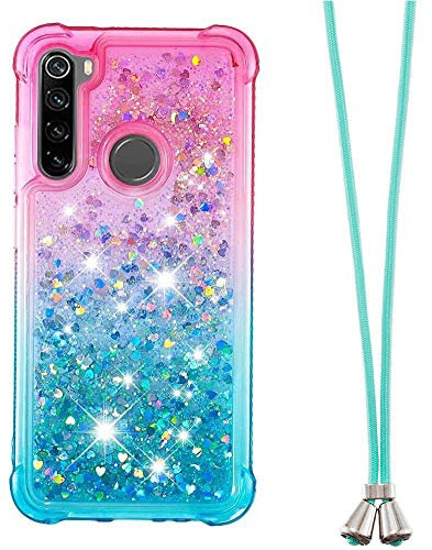 LEMAXELERS Handykette Handyhülle für Redmi Note 8 Hülle,Glitzer Quicksand kreatives Fließende Flüssigkeit schwimmt Silikon Case Umhängeband Handykordel Band Kette für Redmi Note 8,YB GS Pink Blue