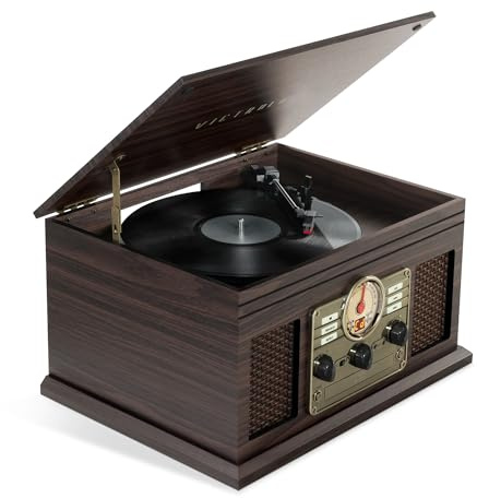 Victrola Hawthorne – 3-Speed (33 1/3, 45, 78 RPM) Bluetooth Record Player with CD, Cassette, FM Radio, & Built-in Stereo Speakers, RCA Out & Aux in, Wireless Music Streaming (Espresso)