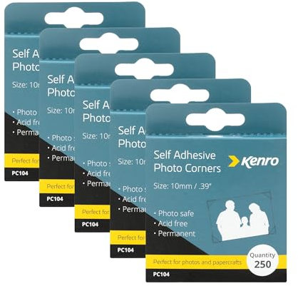 Kenro Box of 5 Self Adhesive Photo Corners - Permanent Photo Corners for Positioning & Removing Photos into Albums (5x 250). Ideal for Scrapbooking Paper Crafts - PC104